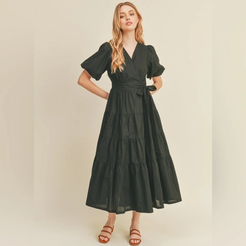 Puff sleeve wrap dress linen cotton midi nwot